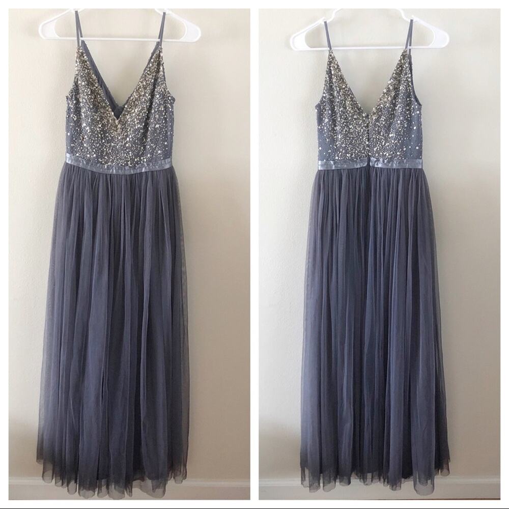 BHLDN Avery Sequin Dress Womens 0 Hydrangea Blue Formal Bridesmaid Gown Stain